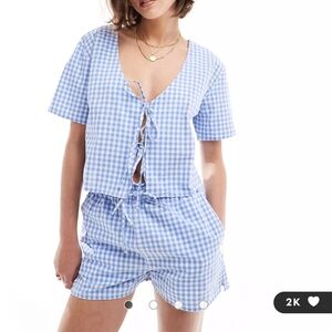 ASOS DESIGN top with tie front in blue gingham & ASOS DESIGN matching shorts